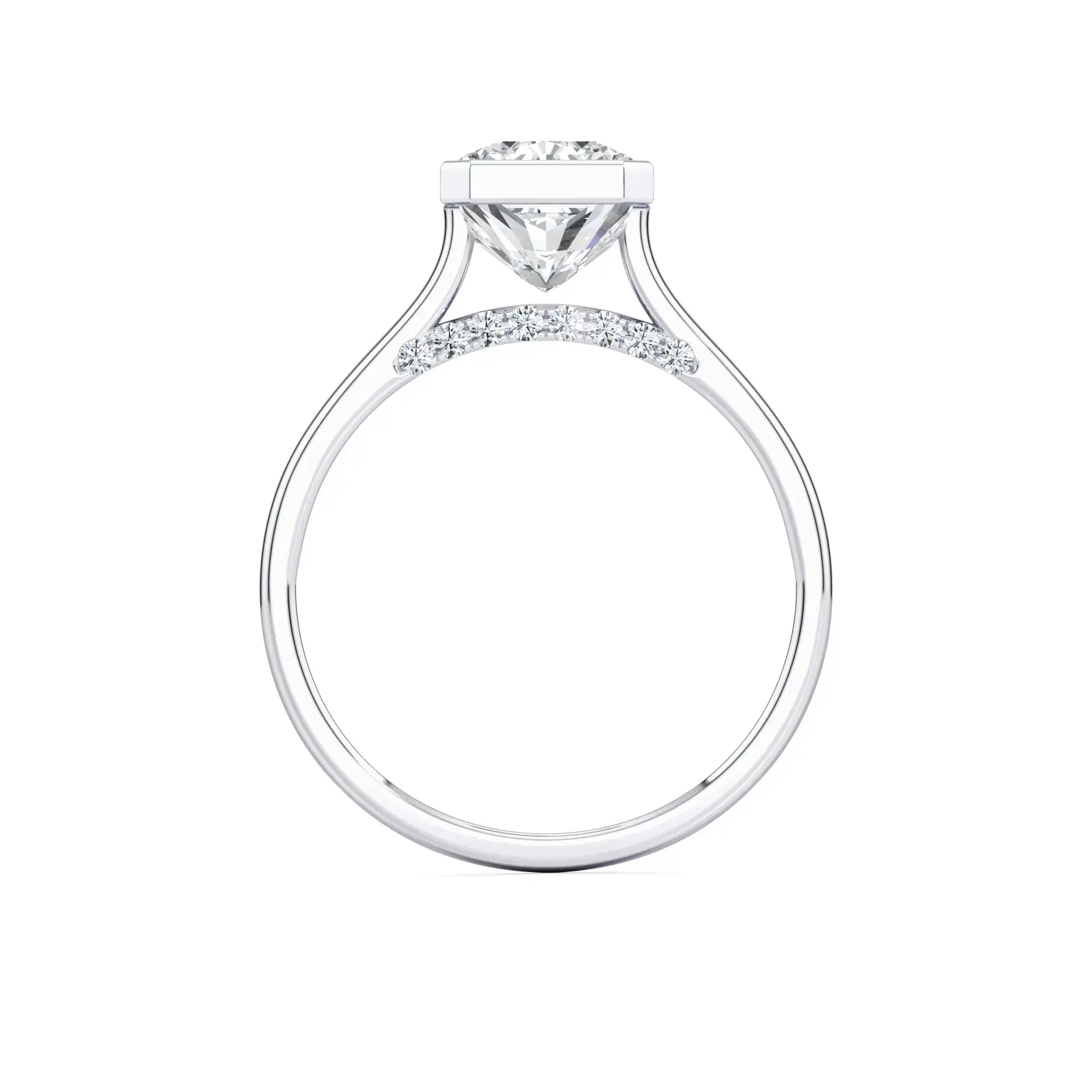Radiant white gold bezel set diamond engagement ring, labeled 'MOUZA' on the band.