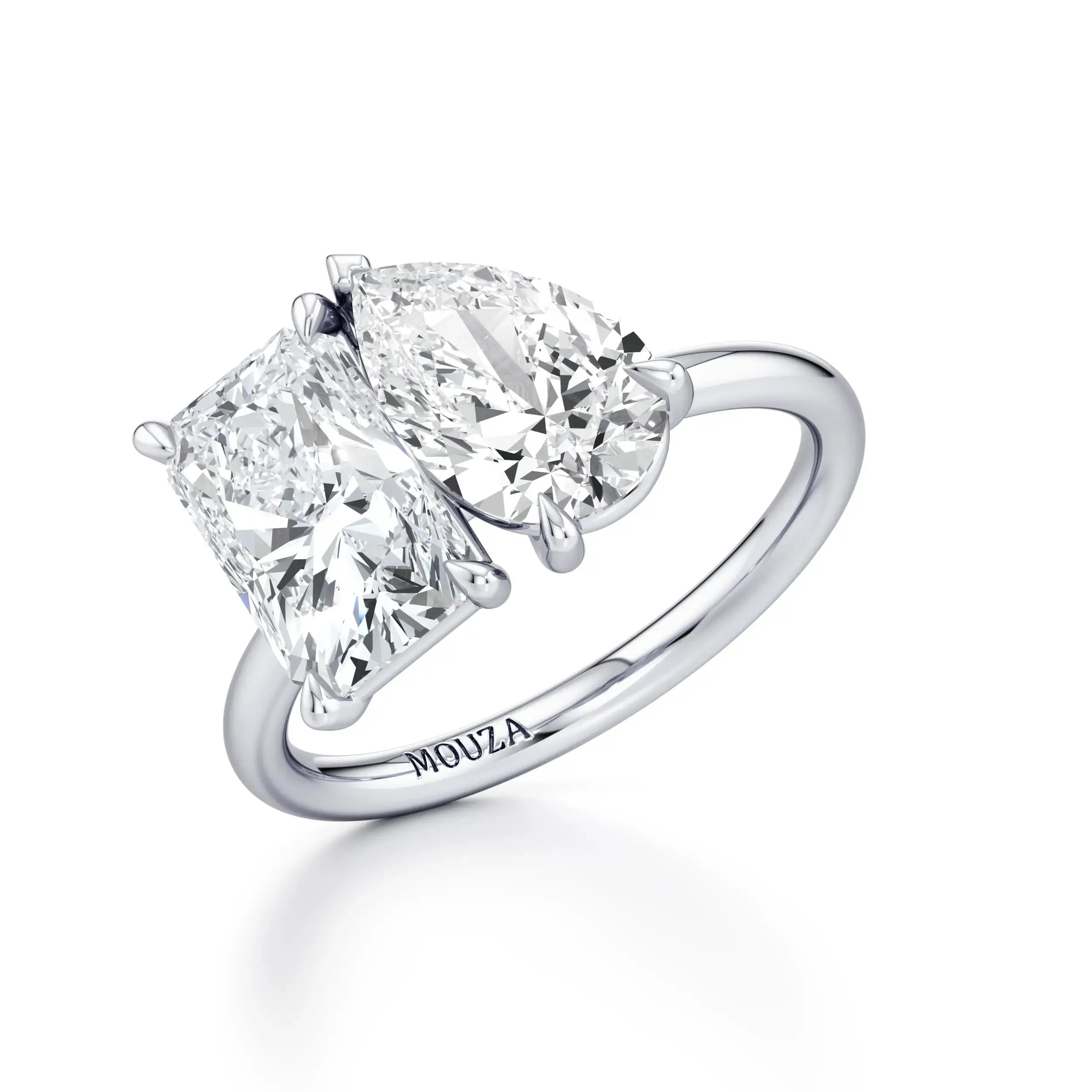 Arya Toi et Moi Platinum Diamond Engagement Ring Hatton Garden with brand name Mouza on the band
