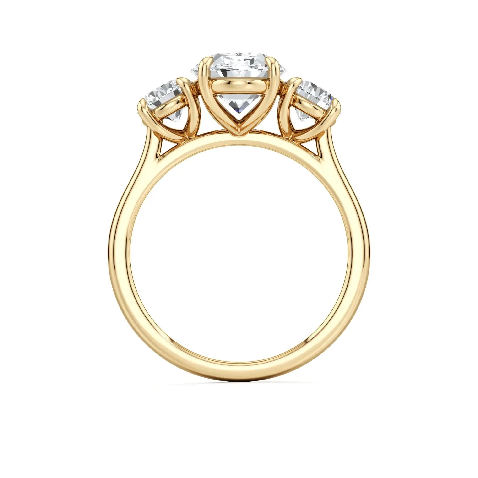 A classic trilogy diamond engagement ring with a central oval diamond, with a gold band having the brand name 'Mouza' on it.