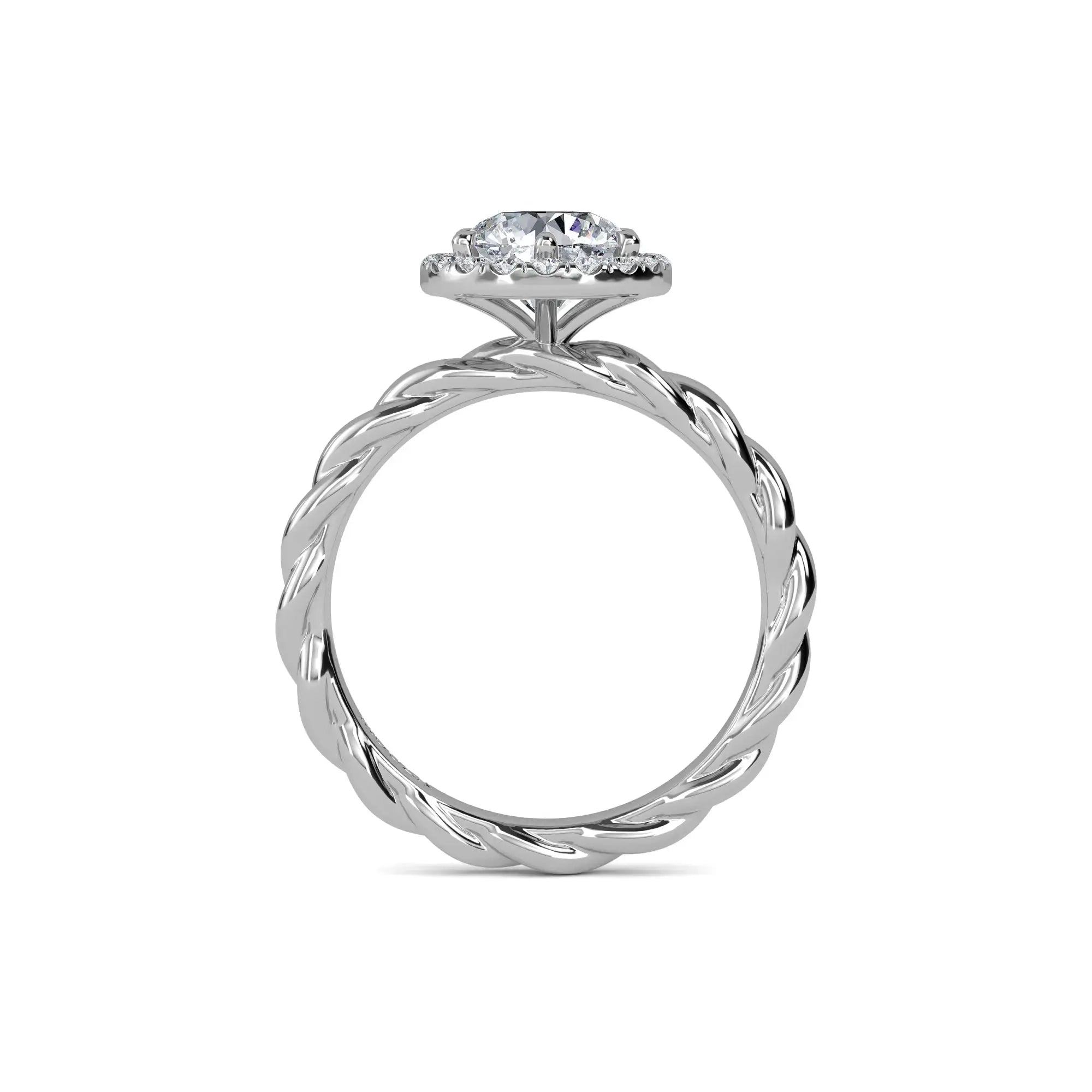 Round Halo Diamond Engagement Ring 18k White Gold with plain twisted band