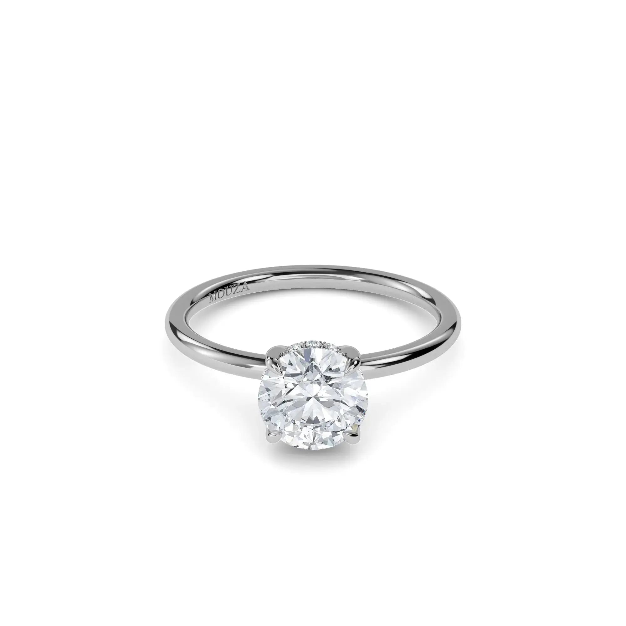 Lab Grown Diamond Round Solitaire Hidden Halo Engagement Ring with brand name Mouza on the band