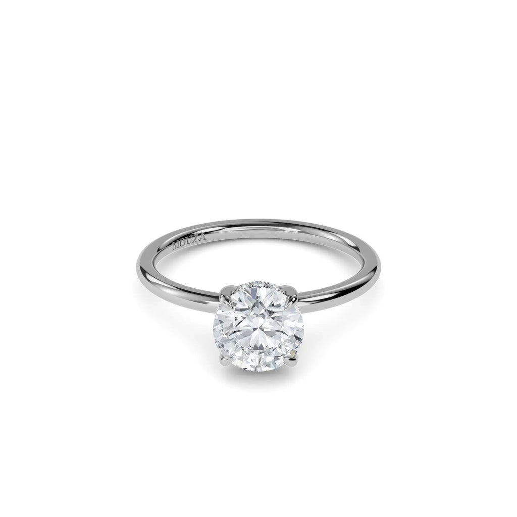 Lab Grown Diamond Round Solitaire Hidden Halo Engagement Ring with brand name Mouza on the band