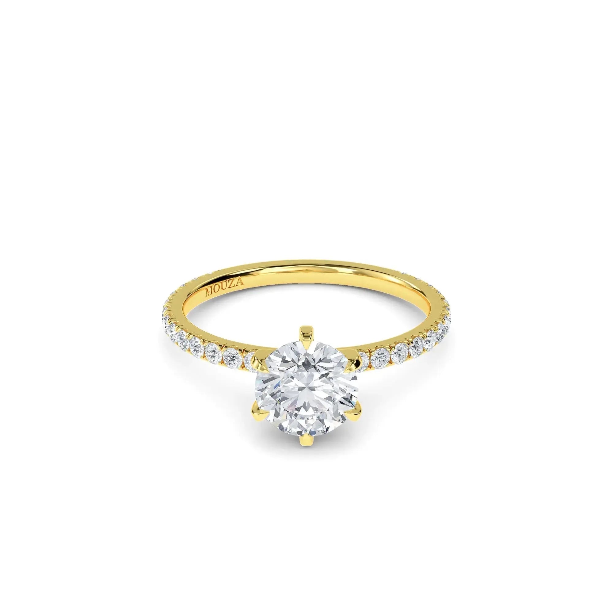 Round diamond band engagement ring in yellow gold