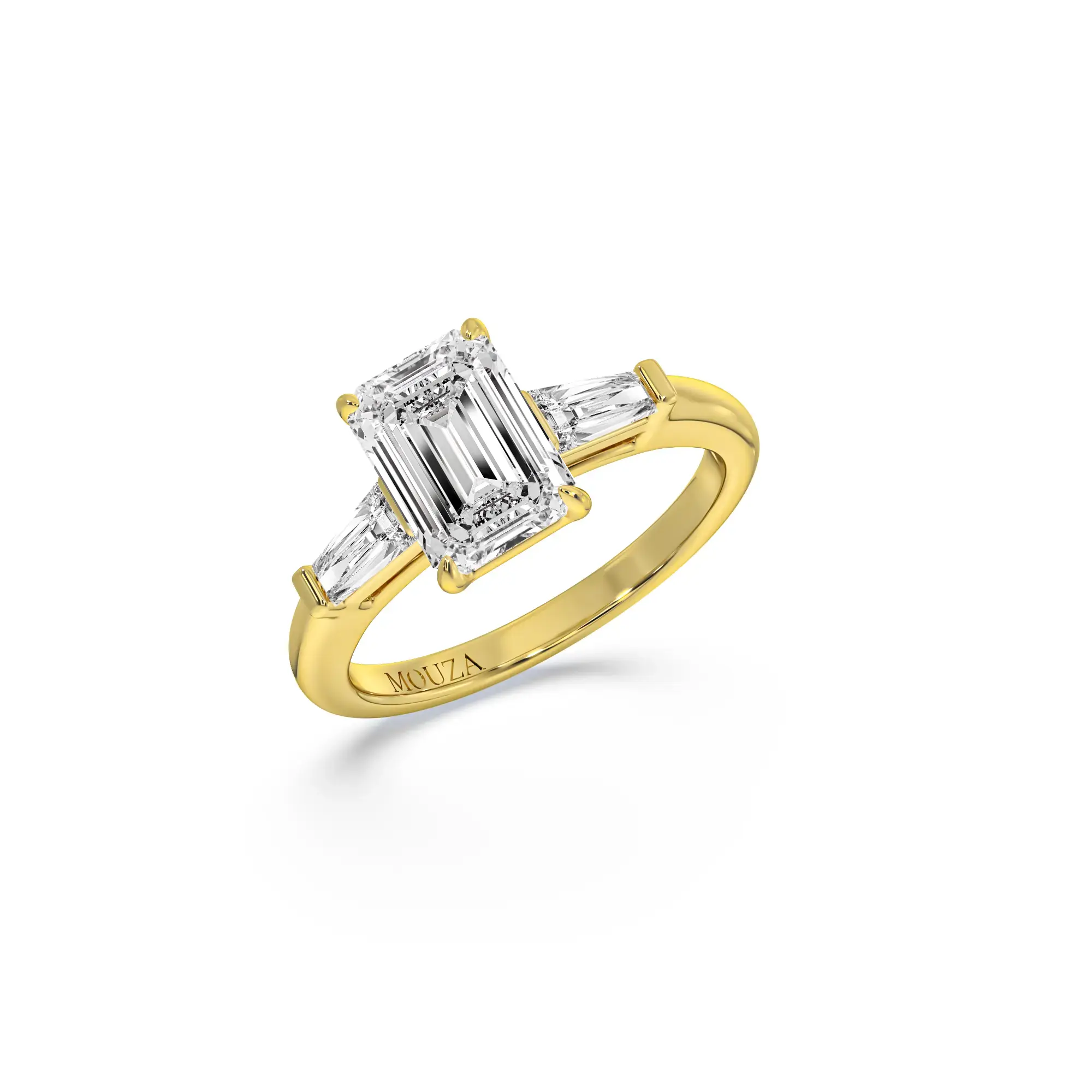 18K Yellow Gold Lab Grown Diamond Emerald Trilogy Engagement Ring from Mouza