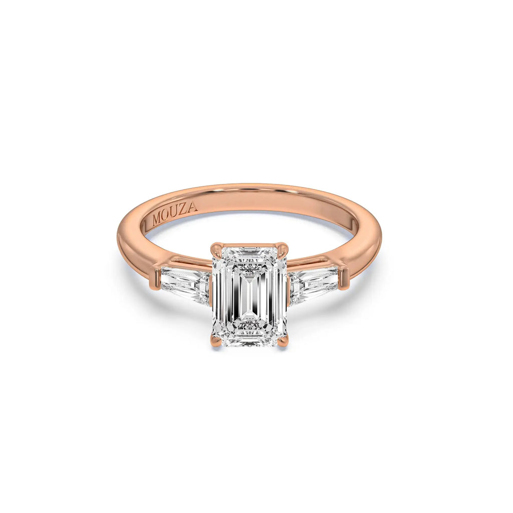 A sleek and timeless engagement ring featuring a central emerald-cut diamond in a rose gold band.