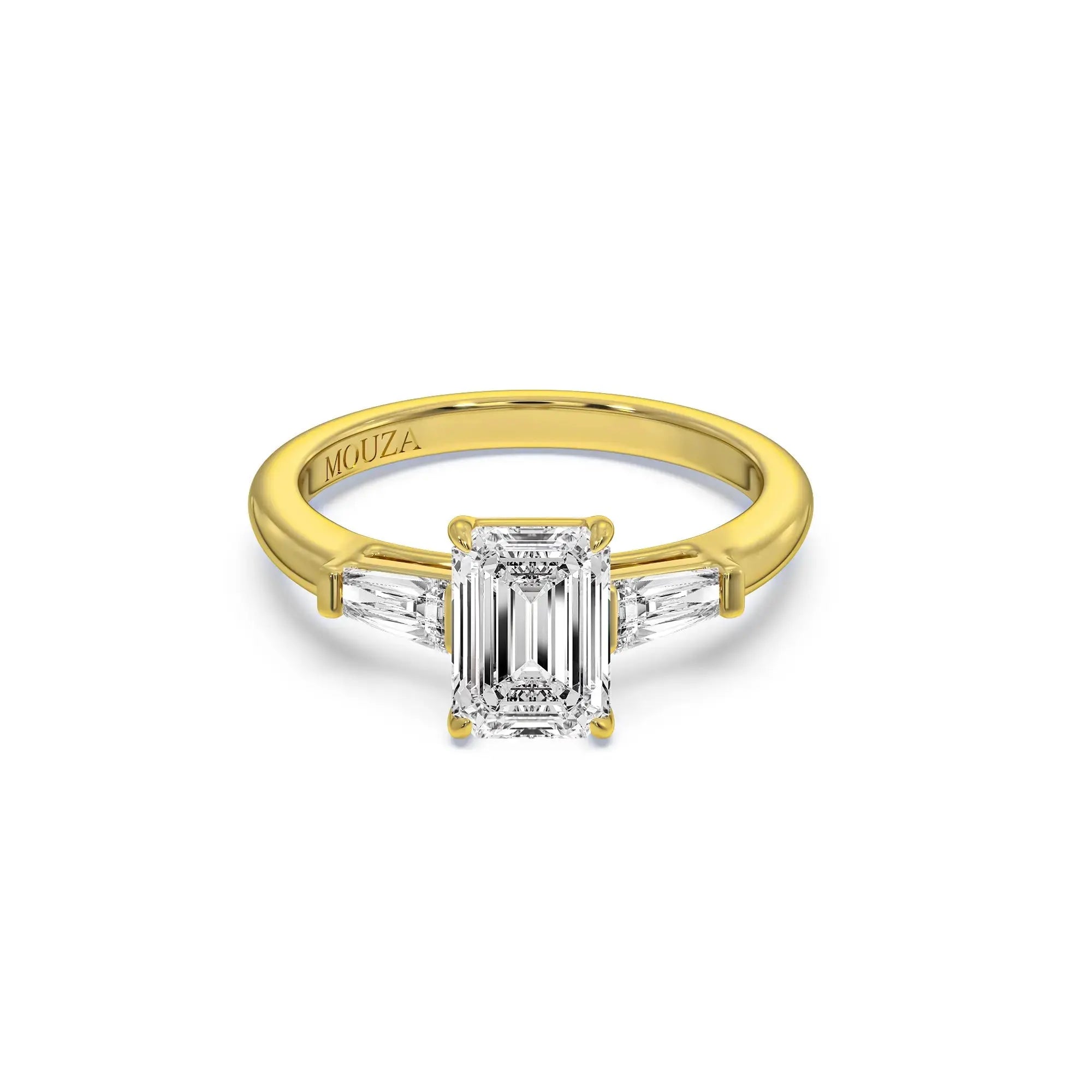 1.70ct Lab Grown Diamond Emerald Trilogy Engagement Ring in Yellow Gold