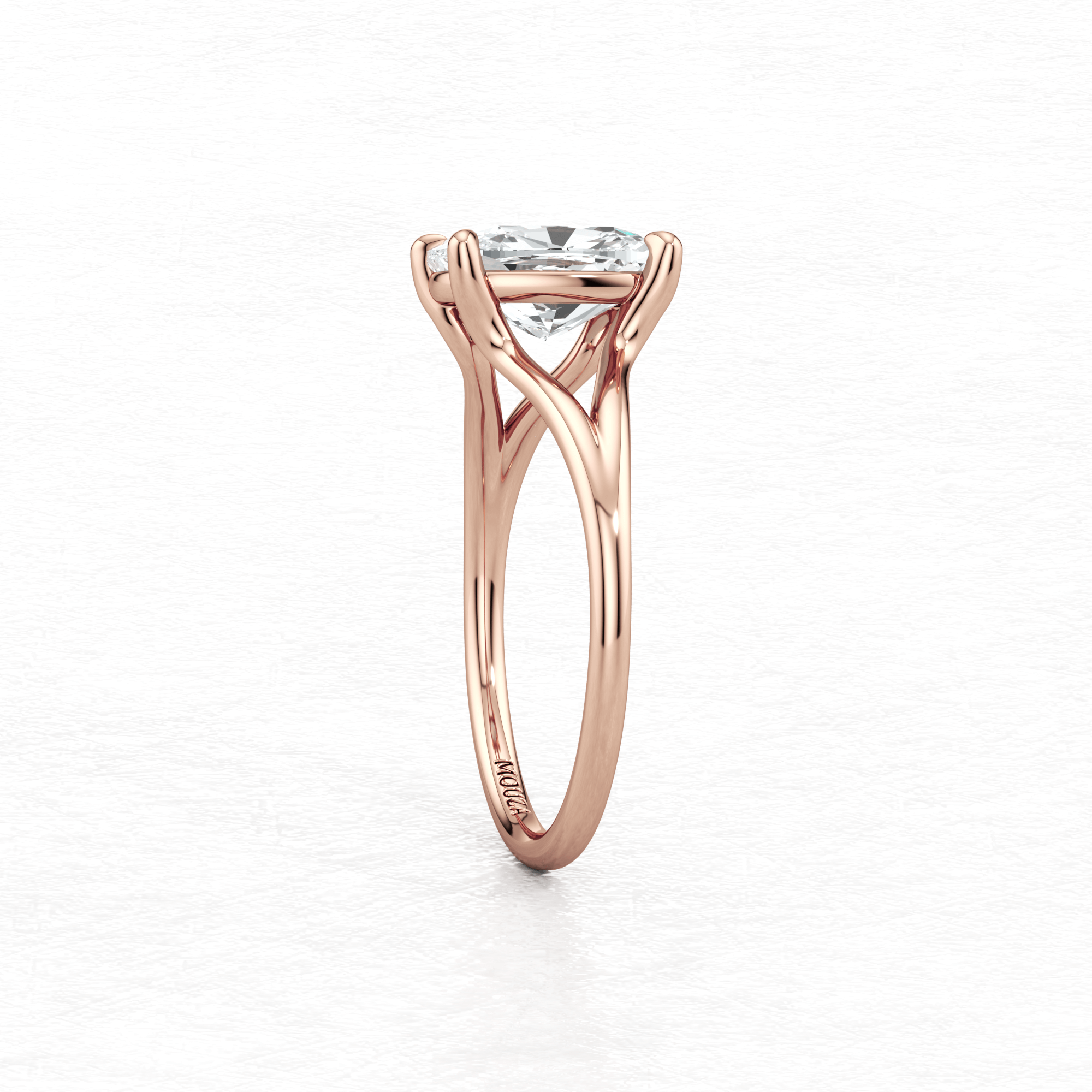 Rose Gold Maggy Solitaire Engagement Ring having brand name Mouza engraved on the metal band