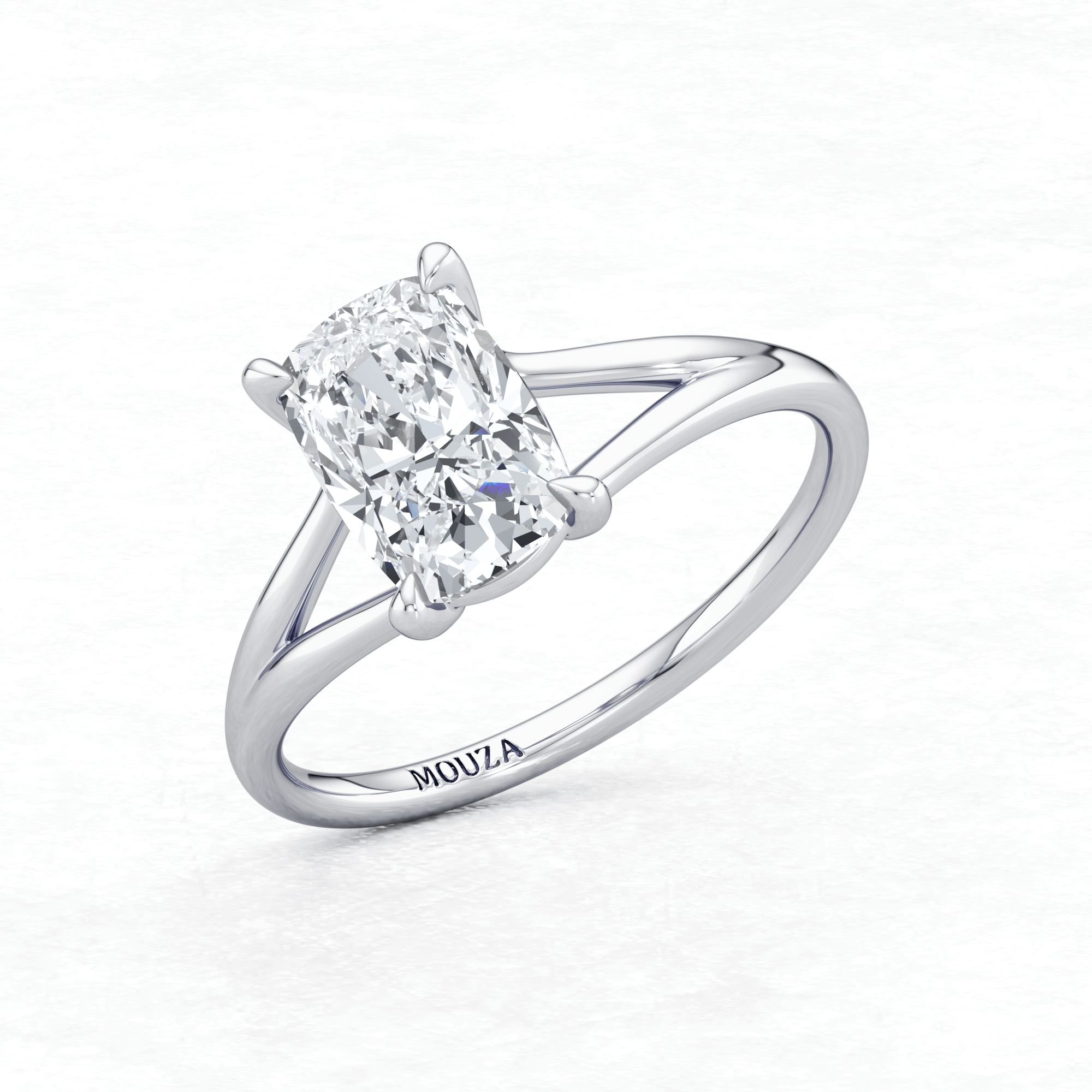 Maggy Solitaire Engagement Ring in white gold with brand name Mouza on the metal band
