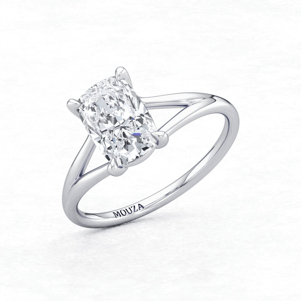 Maggy Solitaire Engagement Ring in white gold with brand name Mouza on the metal band