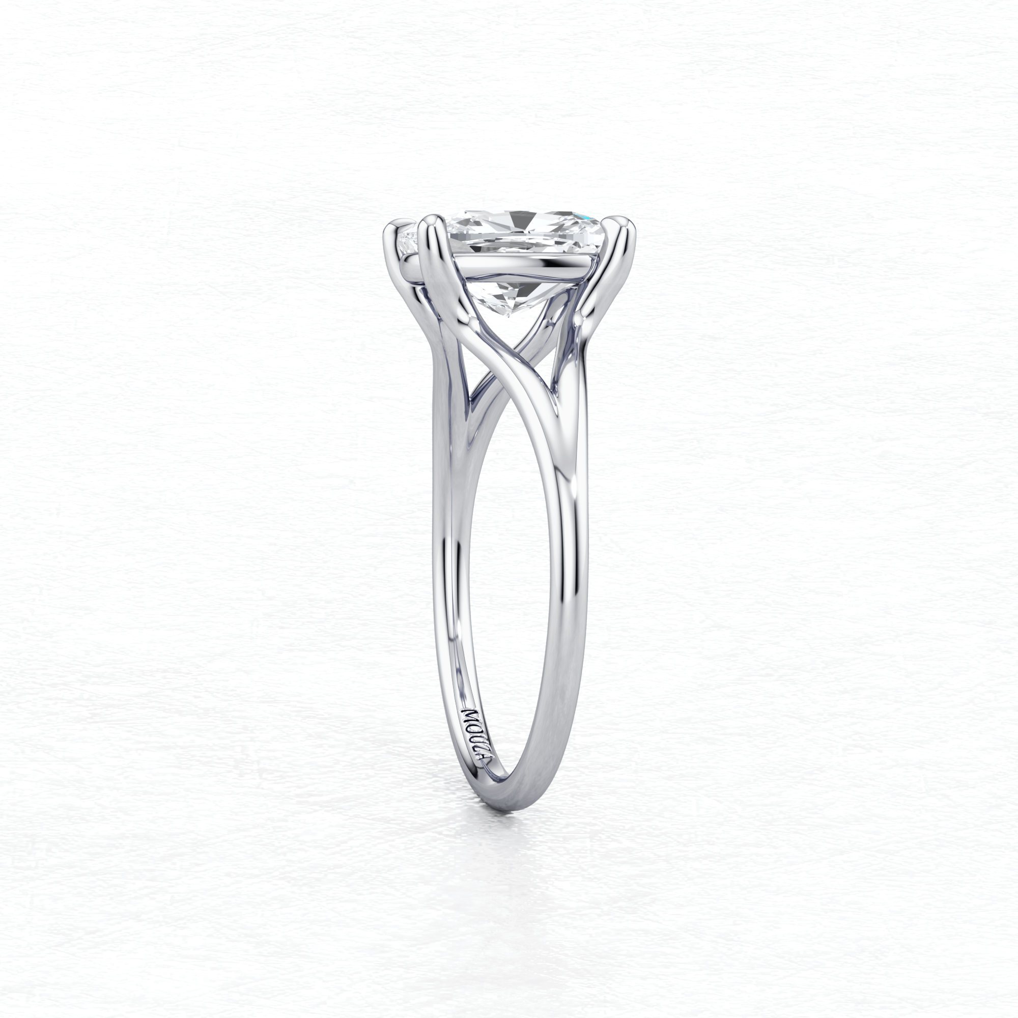 Maggy Solitaire Engagement Ring with brand name Mouza on the metal band