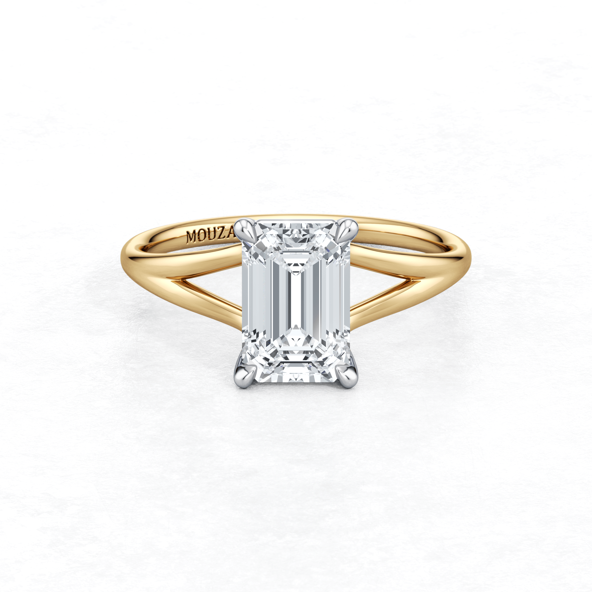 Elegant Two Tone Maggy Solitaire Engagement Ring featuring a split shank that elegantly frames the centre stone from Mouza, Hatton Garden.