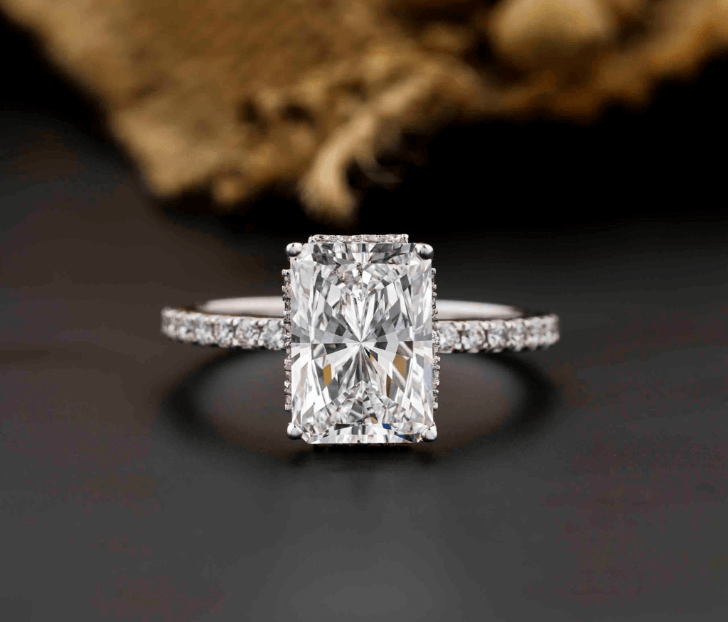 radiant cut diamond band with hidden halo