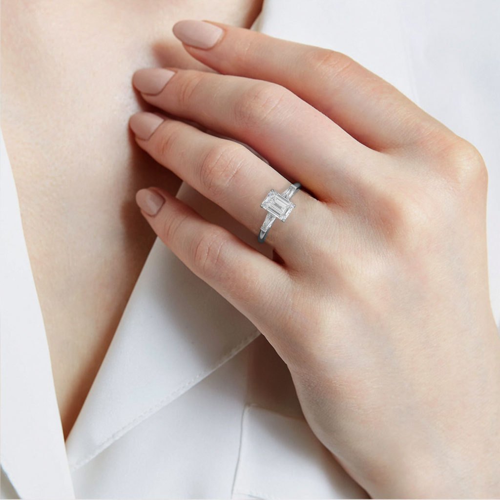 1.70ct Lab Grown Diamond Emerald Trilogy Engagement Ring
