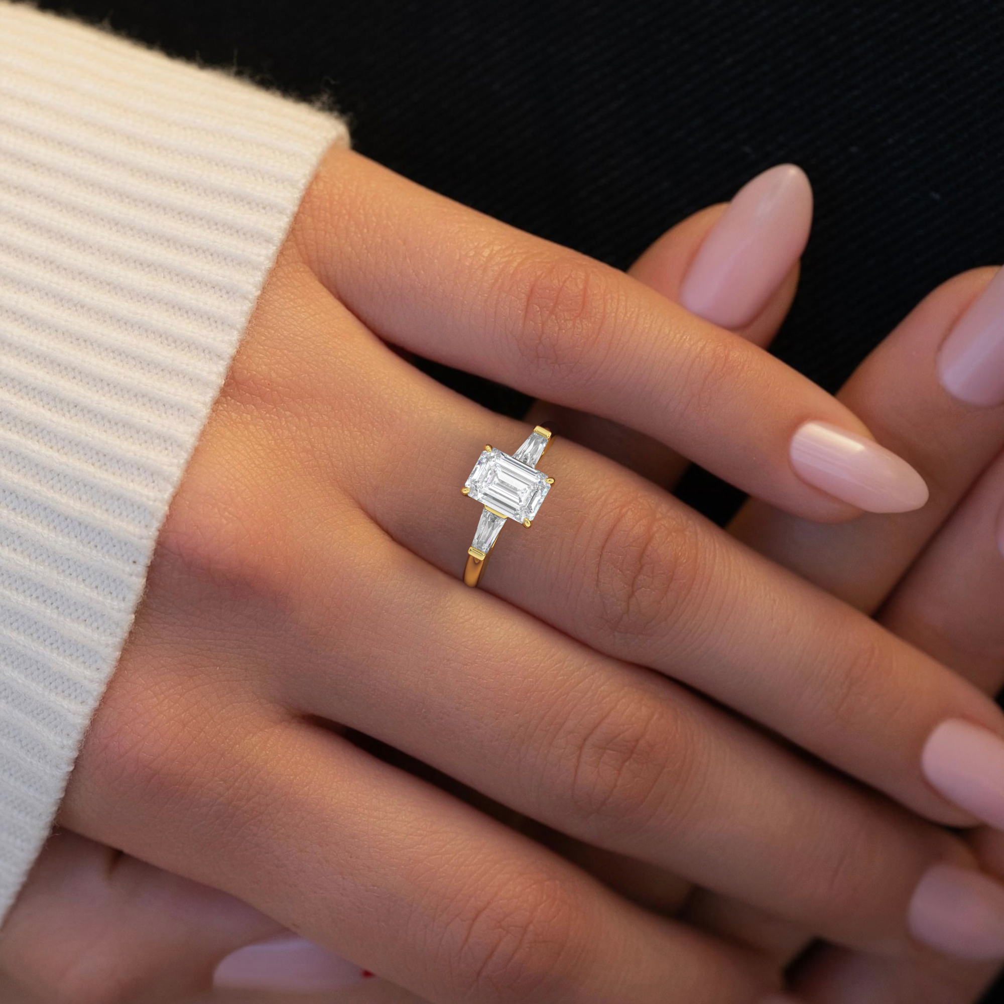 1.70ct Lab Grown Diamond Emerald Trilogy Engagement Ring