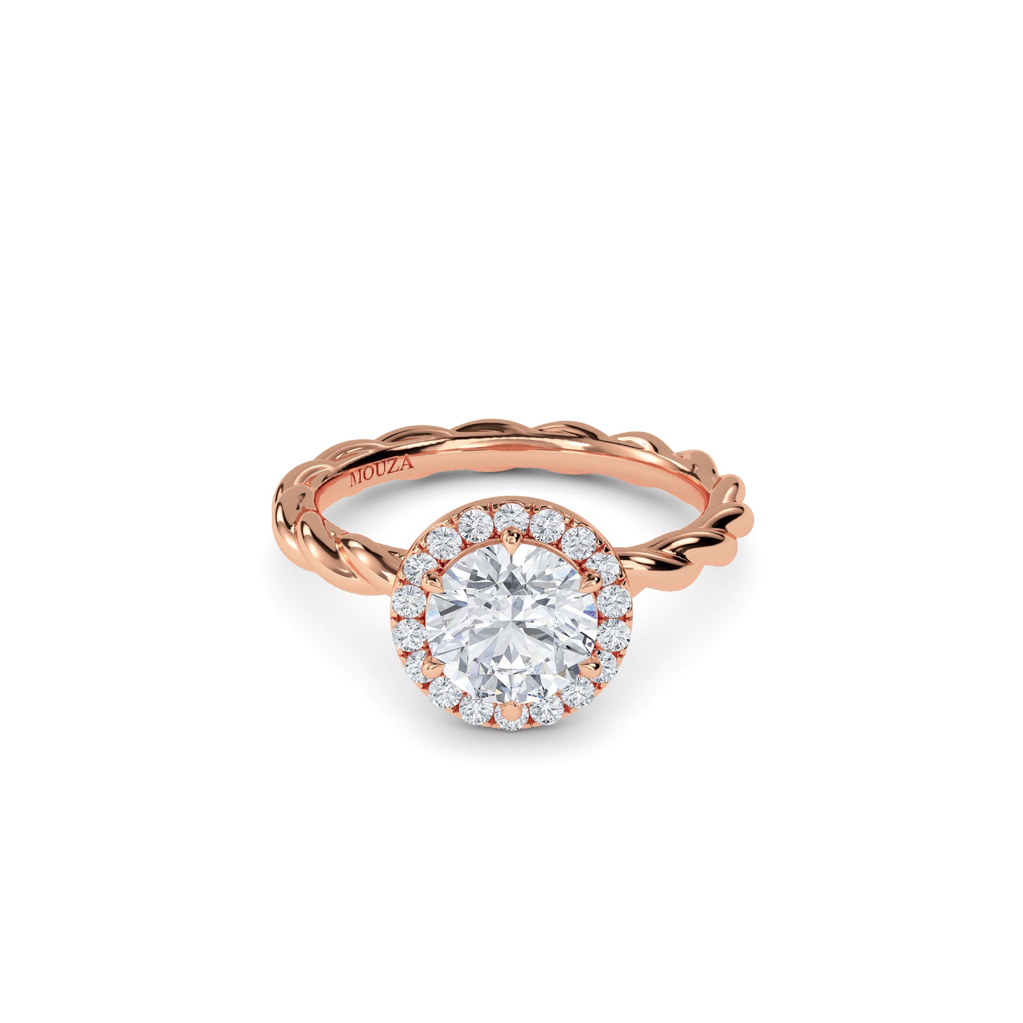 round halo engagement ring with twisted band